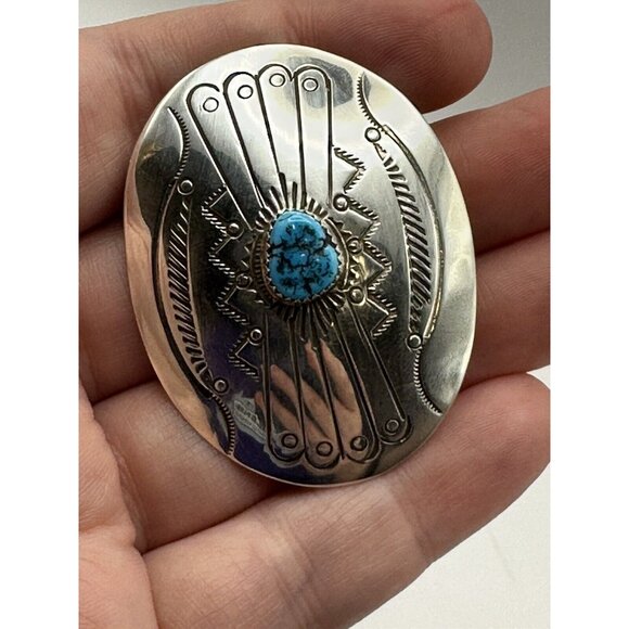 Navajo Handcrafted Sterling Silver & Genuine Turquoise Small 2-Inch Belt Buckle - Picture 3 of 7